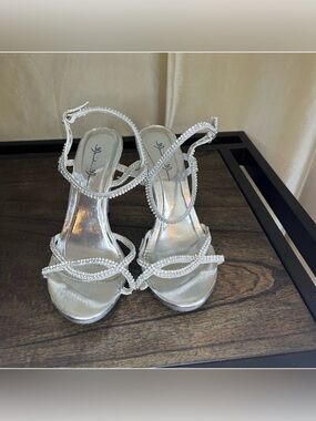 Silver Crystal-Strap Heeled Sandals